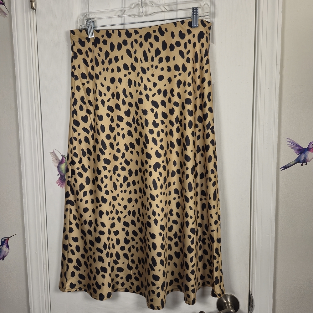 Benie Los Angeles Cheetah Print Satin Midi Skirt L